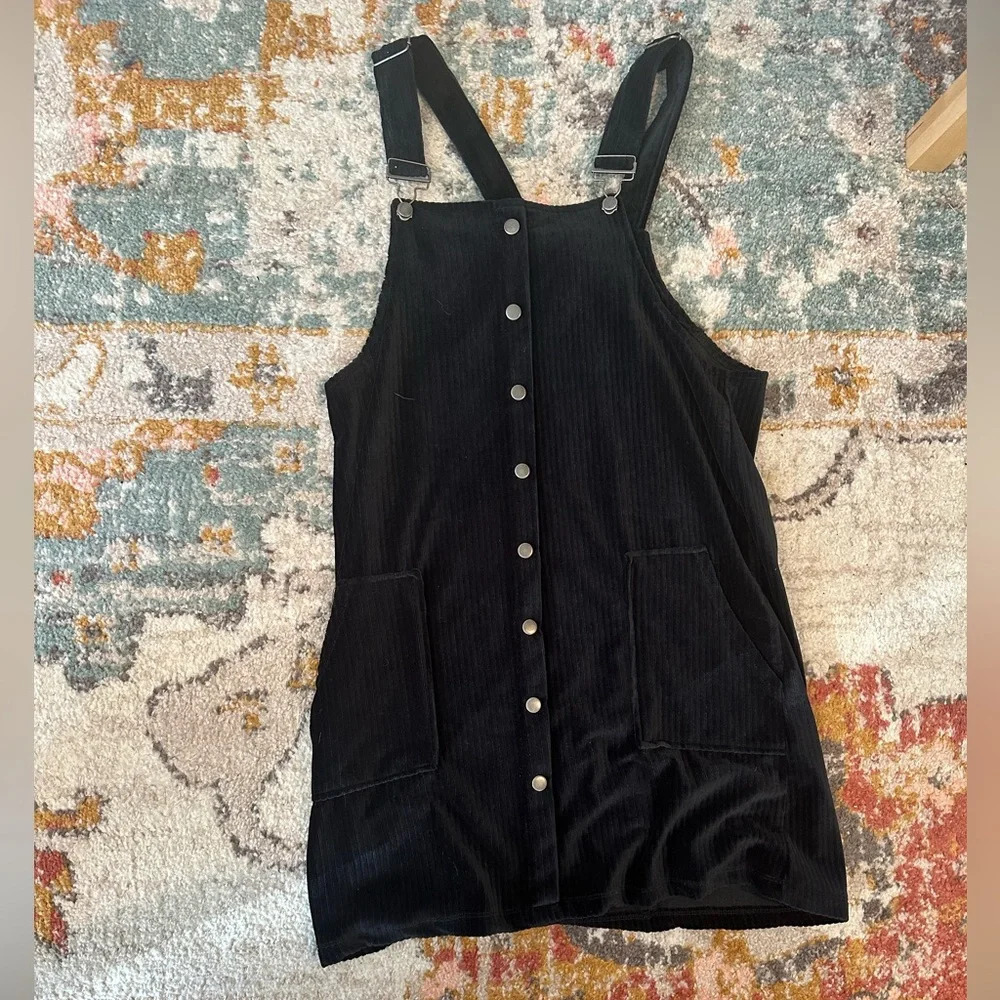 Black velvet corduroy overall dress with pockets